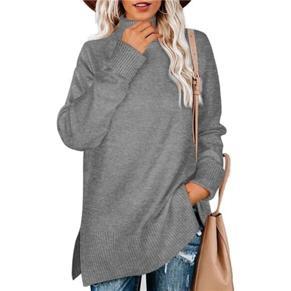 Women's Turtleneck Sweater – Oversized Pullover with Side Split - Picture 2 of 6